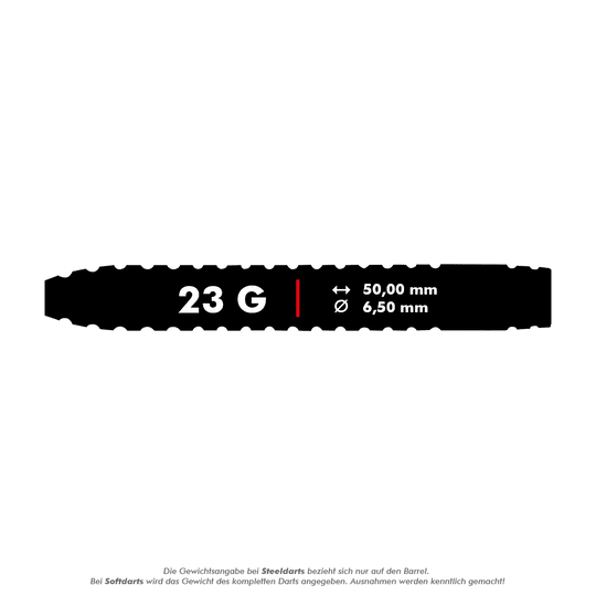 Unicorn Contender Camerion Menzies Steel Darts - 23g Das Bild zeigt die Produktdetails der Unicorn Contender Camerion Menzies Steeldarts mit einem Gewicht von 23 Gramm. Die Steeldarts haben eine Länge von 50,00 mm und einen Durchmesser von 6,50 mm.