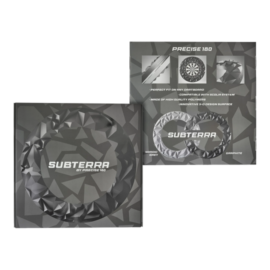 Tablero de dardos 3D Precise 180 Surround Subterra - Gris nórdico Hier ist das Precise 180 3D Dartboard Surround Subterra in Nordic Grey abgebildet. Es schützt die Umgebung der Dartscheibe vor Treffern.