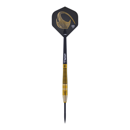 Dardos de acero Bulls Stingray ST3 Dies ist ein Steeldart aus der Bulls Stingray ST3 Serie. Der Dart hat ein schwarzes und goldenes Design mit feinen Rillen am Barrel.