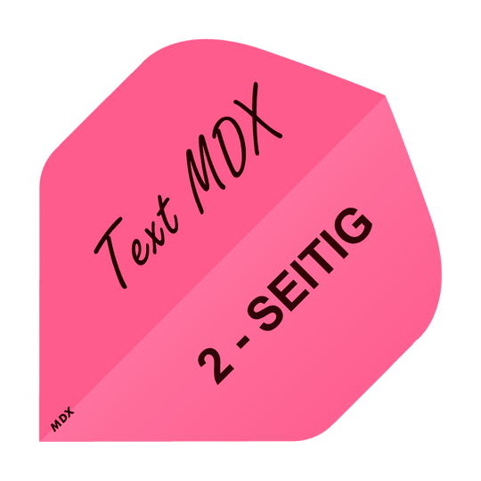 MD-402_2-Seitig_Bedruckte_Flights_Wunschtext_MDX_Pink_Standard_1 Das Bild zeigt einen pinken, quadratischen Aufdruck mit dem Text „Text MDX“ und „2-SEITIG“. Es handelt sich um ein Beispiel für bedruckte Flights mit Wunschtext im MDX Standard.
