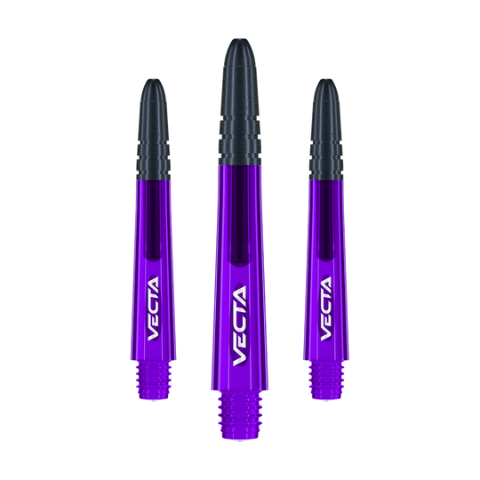 Winmau Vecta Shafts - Lila Schwarz Das Bild zeigt drei violett-schwarze Dartschäfte mit der Aufschrift "VECTA". Sie sind gleich lang und nebeneinander angeordnet.