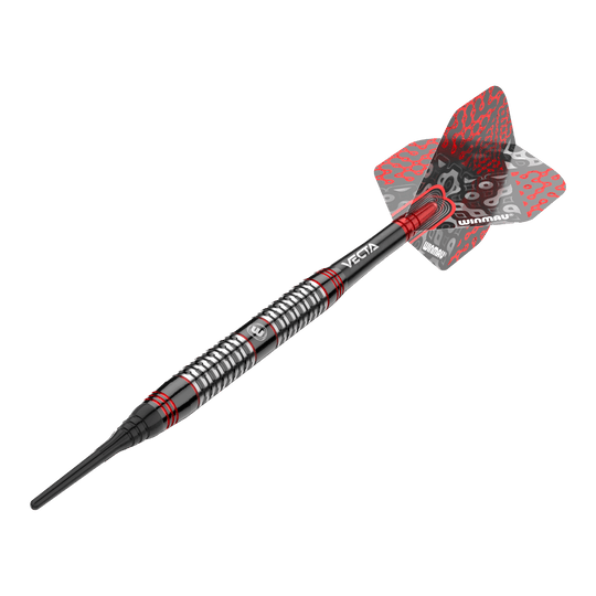 Dardos blandos Winmau Cypher - 20 g Dies ist ein Winmau Cypher Softdart mit einem Gewicht von 20 Gramm. Der Dart hat ein modernes Design mit schwarzen, silbernen und roten Akzenten.