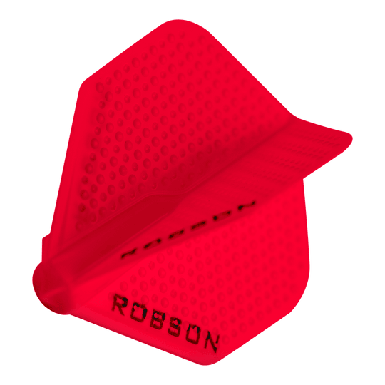 Robson Plus Dimple Flights - Rot Das Bild zeigt ein rotes Dart-Flight mit Dimple-Oberfläche der Marke Robson. Auf dem Flight steht der Schriftzug "ROBSON".