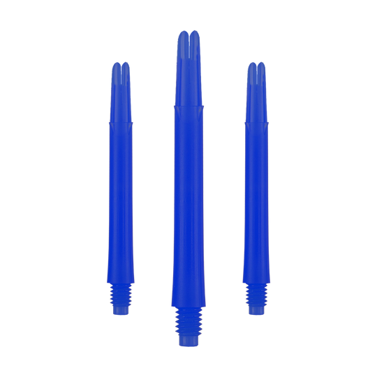 Arbres en L verrouillés droits - Bleus Auf dem Bild sind drei blaue, gerade Dartschäfte zu sehen. Sie stehen nebeneinander und haben unten ein Schraubgewinde.