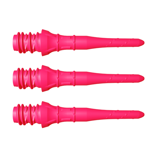 L-Style Premium Lippoints Short (30er Pack) Das Bild zeigt drei kurze, neonpinke Dartspitzen, die nebeneinander liegen. Sie haben ein strukturiertes Gewinde am hinteren Ende und eine glatte, spitz zulaufende Vorderseite.