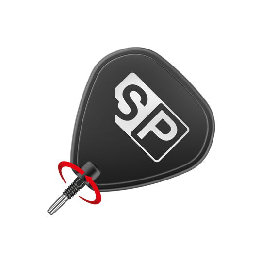 Puntas de dardos Target Swiss Diamond Pro Black Points Das Bild zeigt eine schwarze Dartspitze mit dem weißen Aufdruck "SP". Ein roter Pfeil deutet auf eine Drehbewegung hin, vermutlich zum Anbringen oder Entfernen der Spitze.