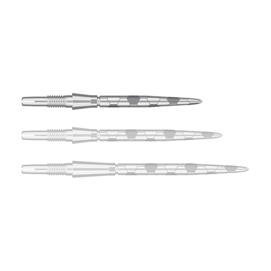 Puntas de dardos Target Swiss Storm Onyx Point - Plateadas Das Bild zeigt drei silberne Dartspitzen mit einem sechseckigen Muster. Sie sind parallel nebeneinander angeordnet und haben eine glatte, metallische Oberfläche.