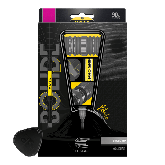 Target Bolide Void 02 Swiss Point steel darts Das Bild zeigt die Verpackung der "Target Bolide Void 02 Swiss Point Steeldarts". Die Darts bestehen zu 90% aus Tungsten und haben eine Stahlspitze.