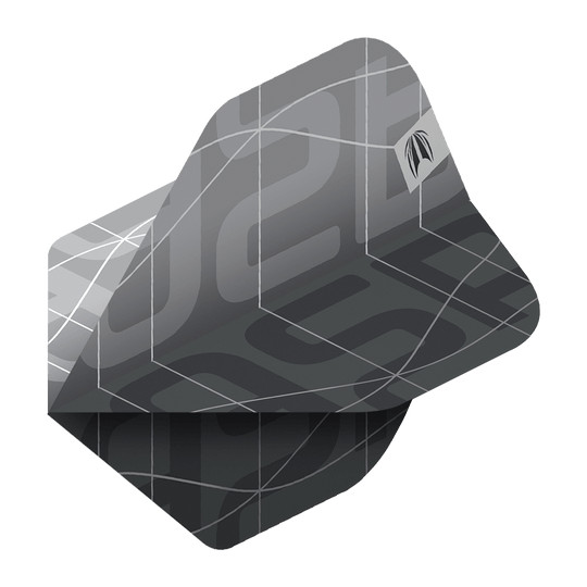 Volets standard Target Pro Ultra Aspinall X Echo No2 - 3 jeux Das Bild zeigt ein Set von Target Pro Ultra Aspinall X Echo No2 Standard Flights. Die Flights sind in einem modernen, schwarzen und grauen Design mit geometrischen Mustern gestaltet.