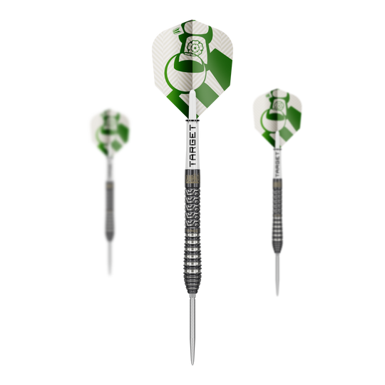 Target Charlie Manby Swiss Points Steeldarts Abgebildet ist das Produkt Target Charlie Manby Swiss Points Steeldarts. Das Bild zeigt ein Set Steeldarts mit spezieller Spitze.