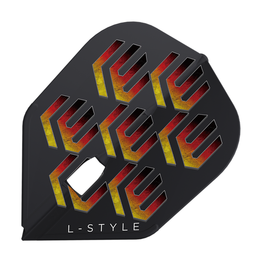 Plumas L-L-Styleukas Wenig V1 Black L3PRO Auf dem Bild ist ein schwarzes Dartflight mit modernen, gelb-rot gefärbten Mustern zu sehen. Unten steht der Schriftzug "L-Style" aufgedruckt.