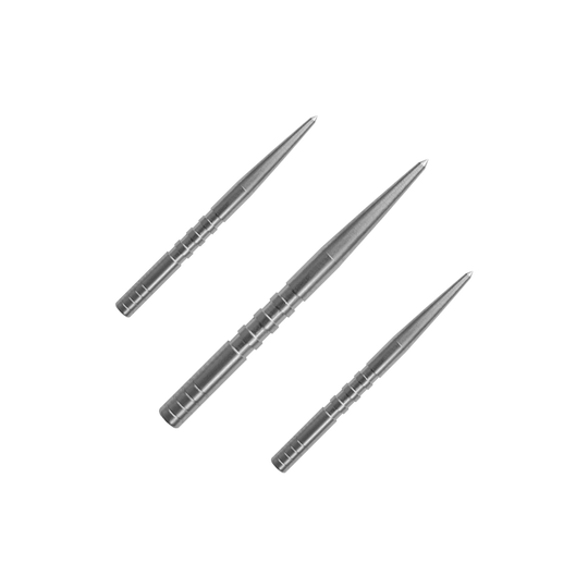 Pointe de fléchette Condor Beak Point avec pointes coupées Das Bild zeigt drei silberne Dartspitzen, die nebeneinander angeordnet sind. Sie sind aus Metall und haben eine schlanke, spitz zulaufende Form.