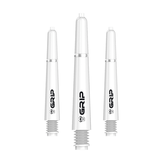 BS55079_Bulls_B-Grip-2_SL_Shafts_Weiss_35mm_1 Das Bild zeigt drei weiße Dartschäfte der Marke Bulls mit der Aufschrift "B GRIP". Die Schäfte sind in unterschiedlichen Längen dargestellt und stehen aufrecht nebeneinander.