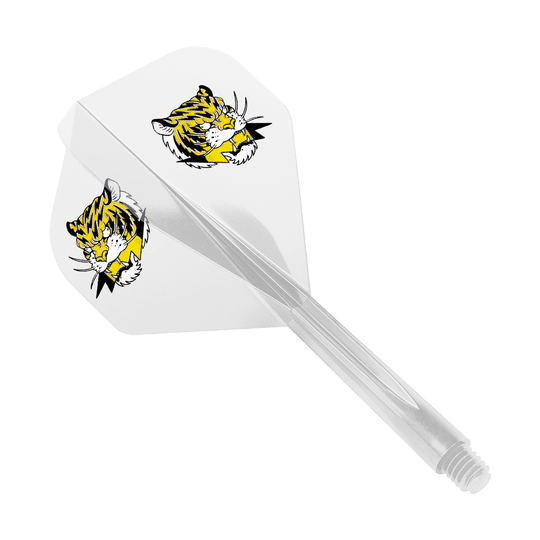 Condor AXE Inazuma Tiger Mix Flight-System Yellow Clear - Standard Das Bild zeigt das Produkt "Condor AXE Inazuma Tiger Mix Flight-System Yellow Clear - Standard". Auf dem weißen Flight sind zwei gelbe Tigerköpfe abgebildet.