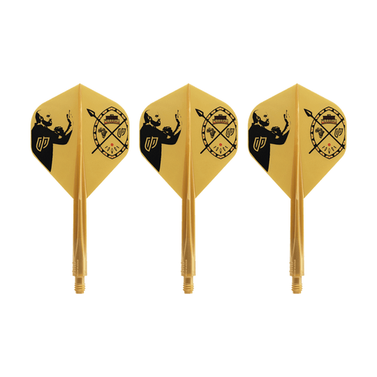 Condor AXE Devon Petersen Inspiration Flight-System - Standard Auf dem Bild sind drei gelbe Dart-Flights mit schwarzem Motiv zu sehen. Sie tragen das Design des Condor AXE Devon Petersen Inspiration Flight-Systems in Standardform.