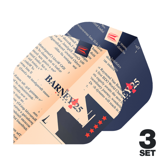 Cíl ProUltra Raymond Van Barneveld Barney25 Standardní lety Das Bild zeigt die Target ProUltra Raymond Van Barneveld Barney25 Standard Flights in einem auffälligen Design. In der rechten unteren Ecke steht "3 SET", was darauf hinweist, dass drei Sätze enthalten sind.