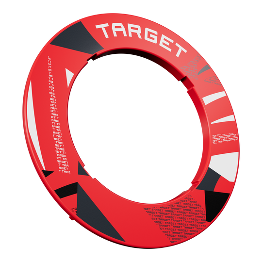 Obložení terče s vroubkovaným vzorem Eine rote Dartboard-Umrandung mit Muster ist frontal abgebildet. Die Umrandung wirkt kontrastreich.