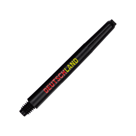 792_Nylon_Shafts_Deutschland_48mm_2 Das Bild zeigt einen schwarzen Nylon Shaft mit der Aufschrift "DEUTSCHLAND" in den Farben der deutschen Flagge. Der Shaft hat ein Schraubgewinde am unteren Ende.