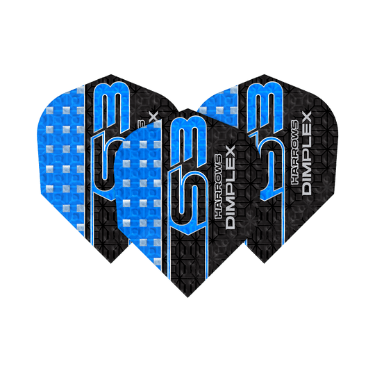Letky Harrows Dimplex S3 - modré Das Bild zeigt drei blaue Harrows Dimplex S3 Flights für Darts. Die Flights haben ein auffälliges Design mit blauen und schwarzen Mustern sowie der Aufschrift "S3" und "Dimplex".