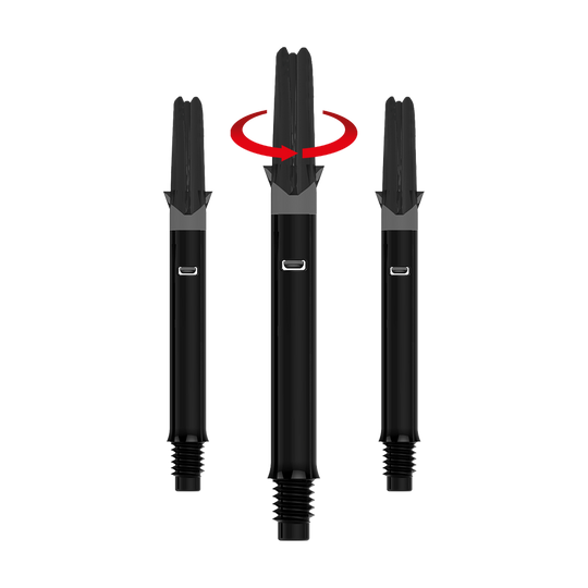 L-Style L-Shafts Silent Straight - Schwarz 330 Das Bild zeigt drei schwarze Dartschäfte ohne Kappen. Über dem mittleren Schaft ist ein roter Pfeil, der eine Drehbewegung anzeigt.