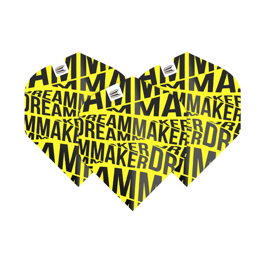 TG81_336570_Target_Pro_Ultra_Dimitri_Van_Den_Bergh_Yellow_No2_Standard_Flights_18hFQT9EUOlowU Das Bild zeigt drei gelbe Dart-Flights mit schwarzem Schriftzug "DREAMMAKER". Es handelt sich um die Target Pro Ultra Dimitri Van Den Bergh Yellow No2 Standard Flights.