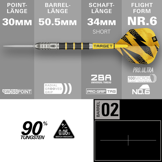 Target Buzz 02 Swiss Points Steeldarts Hier sieht man die Target Buzz 02 Swiss Points Steeldarts. Die Darts sind deutlich und im Detail abgebildet.
