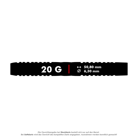 Šipky Red Dragon Gerwyn Price Iceman Midnight Edition měkké - 20g Das Bild zeigt einen schwarzen Dart mit der Aufschrift "20 G". Zusätzlich sind die Maße 50,80 mm Länge und 6,30 mm Durchmesser angegeben.
