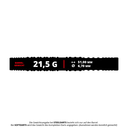 Dardos blandos Target Japan Prime Series Sirius GEN4 - 21,5 g Das Bild zeigt die Spezifikationen des Produkts "Target Japan Prime Series Sirius GEN4 Softdarts - 21,5g". Es wiegt 21,5 Gramm, ist 51,00 mm lang und hat einen Durchmesser von 6,70 mm.