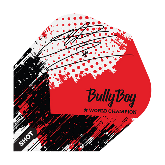 Zastřelen Michael Smith Bully Boy Game Day No6 Flights Das Bild zeigt ein Dart-Flight mit einem modernen, rot-schwarzen Design und einem Autogramm. Auf dem Flight steht "Bully Boy" und "World Champion" sowie das Markenlogo "Shot".