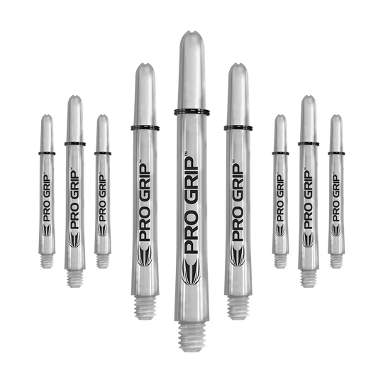 Target Pro Grip Shafts - 3 Sets - Transparent Das Bild zeigt neun transparente Pro Grip Shafts für Dartpfeile. Die Shafts haben eine Länge von 48 mm und sind mit schwarzem Schriftzug und Logo versehen.
