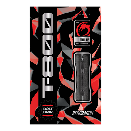 Dardos de acero Red Dragon T-800 Die Abbildung zeigt die Verpackung der Red Dragon T-800 Steeldarts. Das Design ist schwarz mit roten und silbernen Akzenten, und der Dartpfeil ist in der Mitte sichtbar.