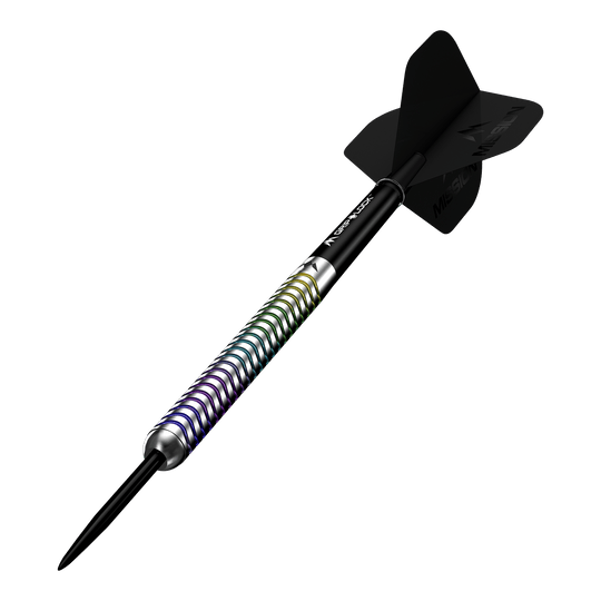Ocelové šipky Mission Mirage Mission Mirage Steeldarts sind Profi-Darts für anspruchsvolle Spieler. Die Abbildung präsentiert das Set aus mehreren Perspektiven.
