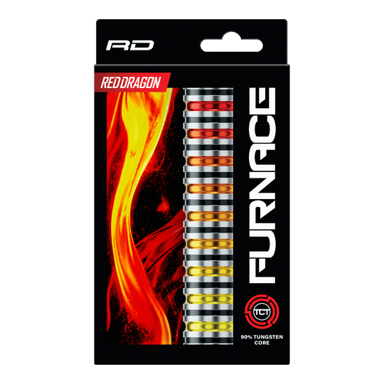 Red Dragon Furnace Steeldarts Abgebildet sind die Red Dragon Furnace Steeldarts. Die Darts liegen nebeneinander und zeigen ihr markantes Design.
