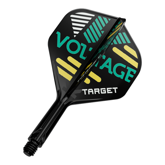 Systém standardní letové hřídele Target K-Flex Rob Cross No2 Das Bild zeigt ein Dartflight- und Shafts-Set in Schwarz mit bunten grafischen Elementen und der Aufschrift „VOLTAGE“ sowie „TARGET“. Das Design besteht aus gelben, grünen und weißen Streifen auf den Flügeln des Flights.