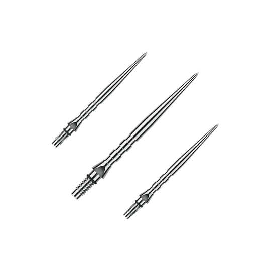 Winmau Switch Point Groove steel dart tips - Silver Effect Das Foto stellt ein Set von Winmau Switch Point Groove Steeldartspitzen mit 30mm Länge dar. Mehrere silberne Spitzen liegen nebeneinander.