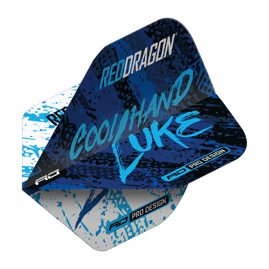 Mistr světa Red Dragon Luke Humphries Blue White Yin Yang Standard Flights Das Bild zeigt ein Dart-Flight im Design "Red Dragon Luke Humphries World Champion Blue White Yin Yang Standard Flights". Auf dem Flight stehen die Worte "Cool Hand Luke" in blauer Schrift auf einem blau-weißen Hintergrund.