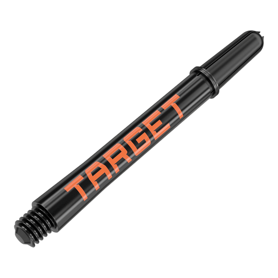 Das Bild zeigt einen schwarzen Dart-Schaft mit orangener Aufschrift "TARGET". Der Schaft hat eine Länge von 48 mm und ist für den Dartsport geeignet.