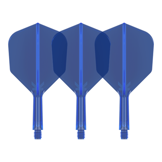 Target K-Flex No6 Flight System - Blue Auf dem Bild sind drei blaue Dartflights zu sehen. Sie stehen nebeneinander und haben eine sechseckige Form.