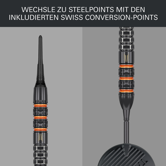 Terč Raymond Van Barneveld 95K měkké šipky - 20g Zu sehen sind die Target Raymond Van Barneveld 95K Softdarts, 20g. Das Darts-Set liegt auf einer dunklen Oberfläche.