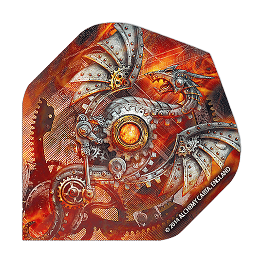 Dragon Alchemy Tech No2 Vols Standard Das Bild zeigt ein Dartflight mit einem mechanischen Drachen-Design in Steampunk-Optik. Die Farben sind überwiegend orange und silber, mit vielen Zahnrädern und Metallstrukturen.