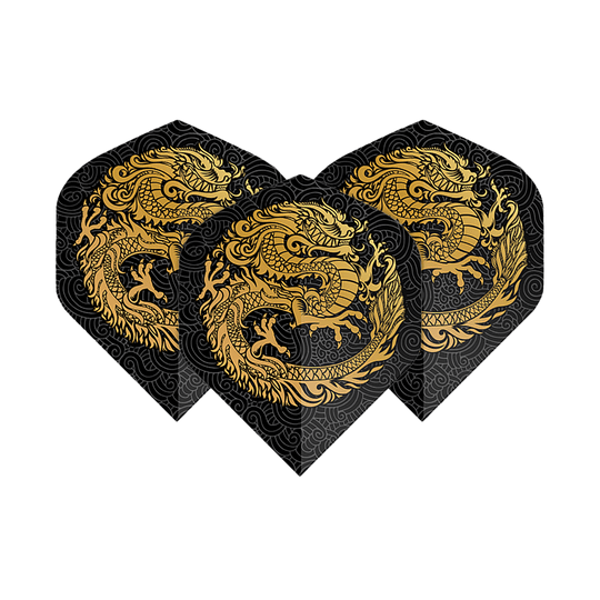Pentathlonové lety Dragon black Das Bild zeigt drei Dart-Flights mit einem auffälligen goldenen Drachen-Design auf schwarzem Hintergrund. Die Flights sind vom Typ "Pentathlon Dragon 2 Standard".