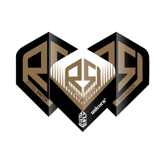 Letky Unicorn Ultrafly 100 Ross Smith Plus Das Bild zeigt die "Unicorn Ultrafly 100 Ross Smith Plus Flights" mit einem markanten goldenen RS-Logo auf schwarzem Hintergrund. Auf den Flights stehen die Namen "Ross Smith" und "Smudger" sowie das Unicorn-Logo.