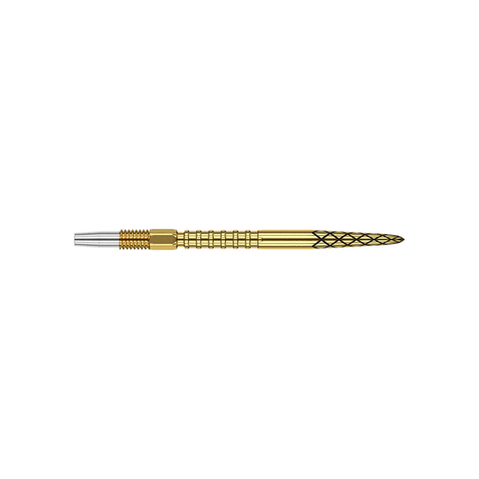 Target Swiss DS Surge Point Dartspitzen - Gold Das Bild zeigt eine goldfarbene Dartspitze mit einem feinen Rautenmuster. Der hintere Teil der Spitze ist silberfarben und geriffelt.