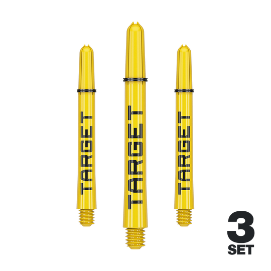Auf dem Bild sind drei gelbe Dartschäfte der Marke Target zu sehen. Unten rechts steht "3 Set", was auf ein Set aus drei Teilen hinweist.