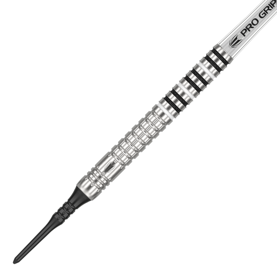 Target Chris Dobey GEN1 Softdarts - 19g Das Bild zeigt einen silbernen Softdartpfeil mit schwarzen Ringen und der Aufschrift "PRO GRIP". Es handelt sich um das Modell "Target Chris Dobey GEN1 Softdarts - 19g".