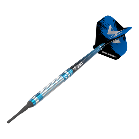 Bulls Jermaine Wattimena Generation 3 Softdarts - 20g Das Bild zeigt einen Bulls Jermaine Wattimena Generation 3 Softdart mit einem Gewicht von 20g. Der Dart hat ein silbernes und blaues Design mit schwarzem Flight.