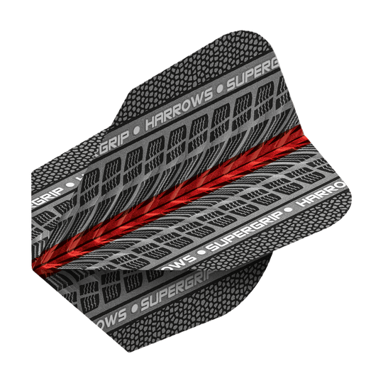 HR77_Harrows_Supergrip_Rot_No6_Flights_2 Dieses Bild zeigt das Produkt "Harrows Supergrip Rot No6 Flights". Die Dartflights sind grau-schwarz gemustert mit einem roten Streifen in der Mitte und tragen den Schriftzug "Harrows Supergrip".
