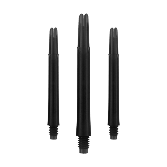 L-L-Style-Shafts Locked Straight - Black Auf dem Bild sind drei schwarze Dartschäfte in gerader Form zu sehen. Sie stehen aufrecht nebeneinander und haben am unteren Ende ein Gewinde.