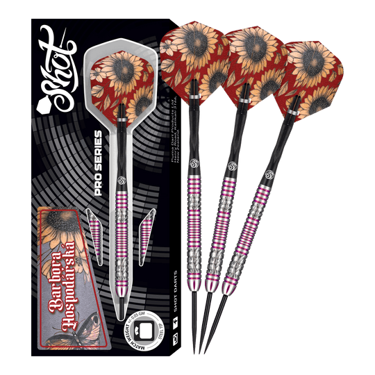 Shot Pro Series Barbora Hospodarska 2 Dardos de acero - 23g Das Bild zeigt das Produkt "Shot Pro Series Barora Hospodarska Steeldarts - 23g" mit drei Steeldarts und einer Verpackung. Die Flights der Darts sind mit Sonnenblumenmotiven verziert.