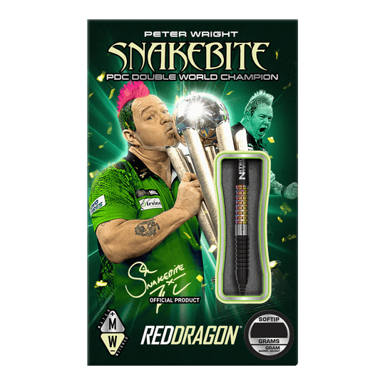 Red Dragon Peter Wright Corra Soft Darts - 18g Auf der Verpackung ist der Dartspieler Peter Wright mit einer Trophäe abgebildet. Das Produkt sind die "Red Dragon Peter Wright Corra Softdarts - 18g" mit Softspitze.